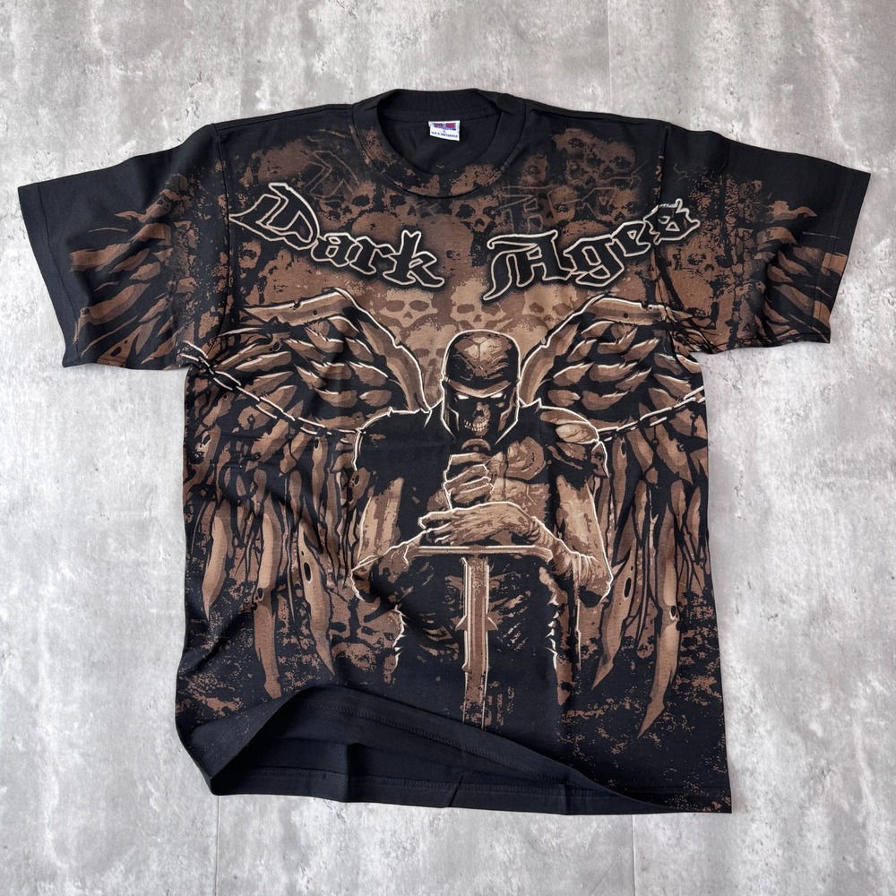 Vintage Dark Ages T-Shirt Mens L Black AOP Skull Biker Fantasy Mexican Bootleg
